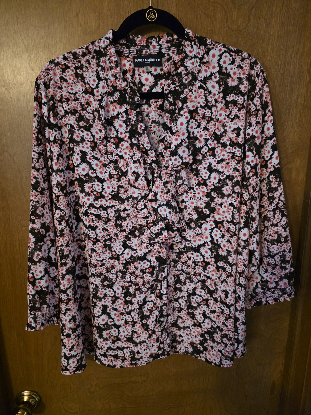 Karl Lagerfeld Black and Pink Floral Ruffle Front Blouse